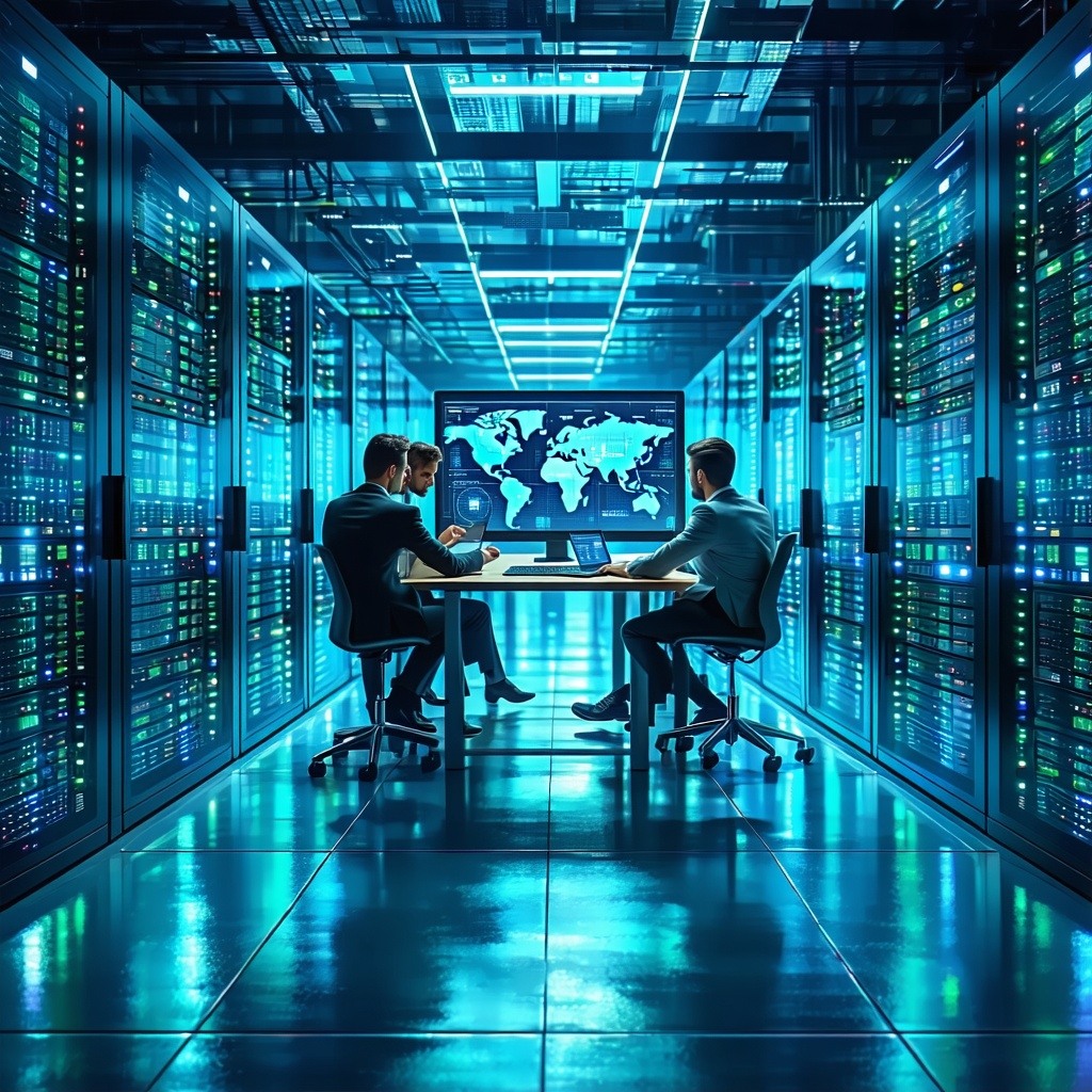 The image depicts a hightech, secure data center environment bathed in soft blue and green lighting