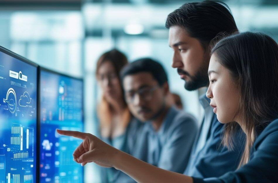 The image depicts a sleek, modern office environment filled with technologyfocused professionals engaged in discussions and collaborative work-1
