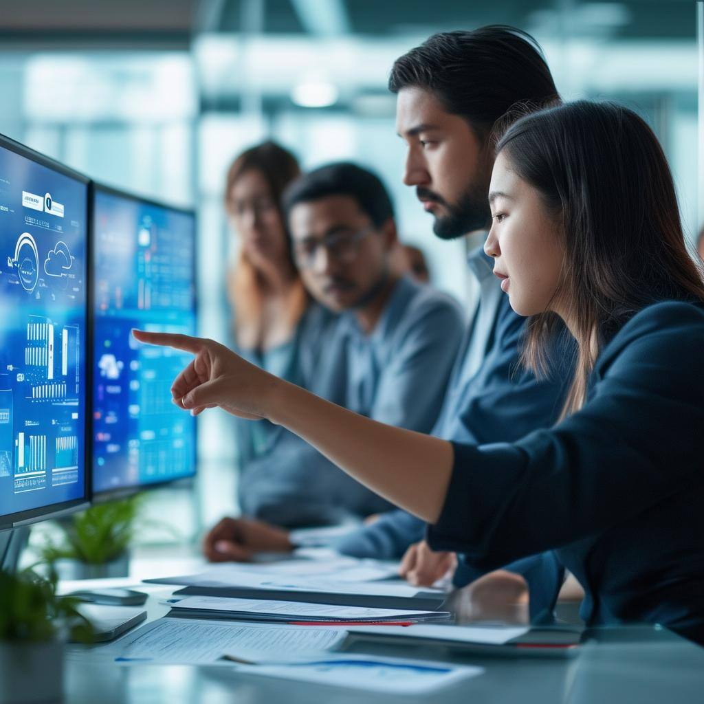 The image depicts a sleek, modern office environment filled with technologyfocused professionals engaged in discussions and collaborative work