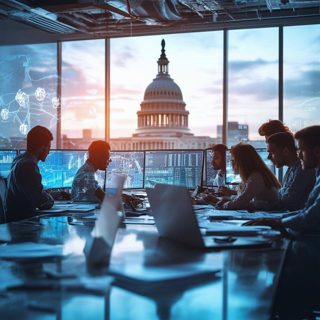 The image portrays a modern government office environment featuring sleek, hightech workstations equipped with multiple monitors displaying cybersecur