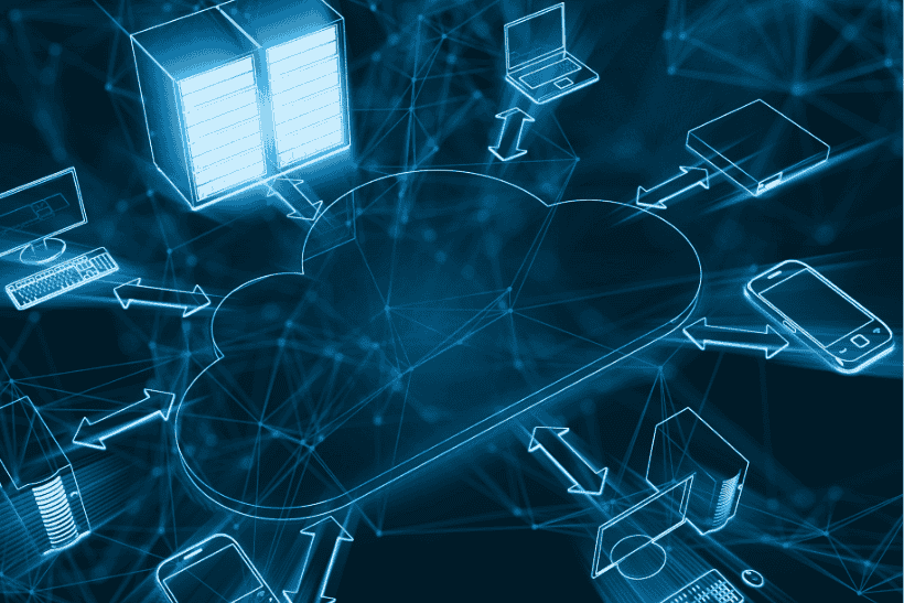 Image of data along cloud infrastructure. Views of the cloud and all connected devices or storage locations, highlighting the importance of understanding the Shared Responsibility Model